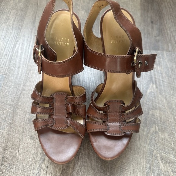 Stuart Weitzman Brown Leather Cork Wedge Sandals Size 7 1 / 2 Women's - Picture 2 of 8